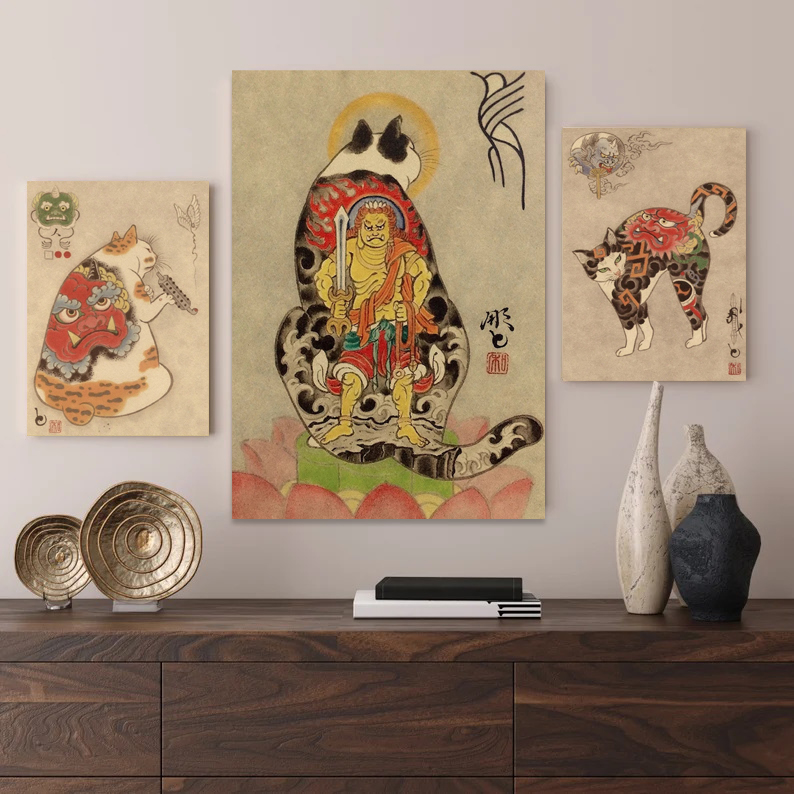 无框画现代简约装饰画日本艺术和服歌舞伎和风居酒屋日式书房猫图片