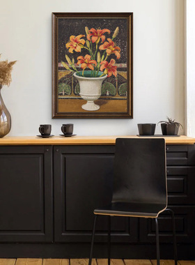 中古风装饰画有框挂画壁画vintage复古怀旧艺术花卉《橙色百合》