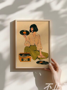 复古美式黑胶女孩挂画怀旧插画海报小众装饰画相框摆件沙滩书店