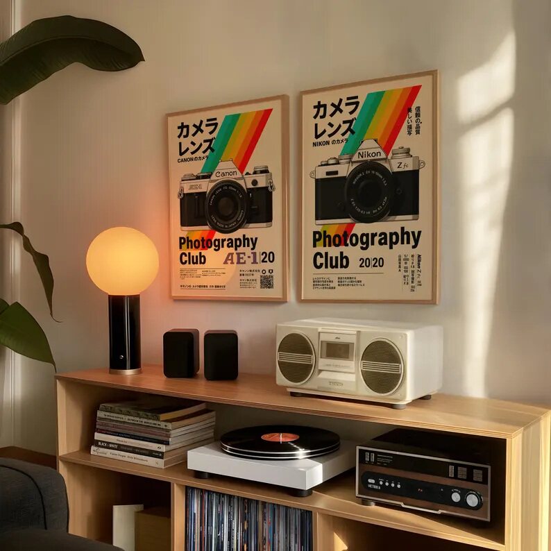 日式照相机佳能索尼单反复古海报装饰画富士相机胶片磁带录音机