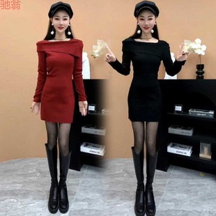 百搭修身 针织连衣裙女时尚 显瘦包臀裙 气质一字肩长袖 Y9Z秋冬新款