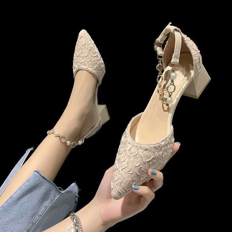 高跟鞋女中跟2025春夏新款百搭一字带包头凉鞋粗跟尖头小香风单鞋