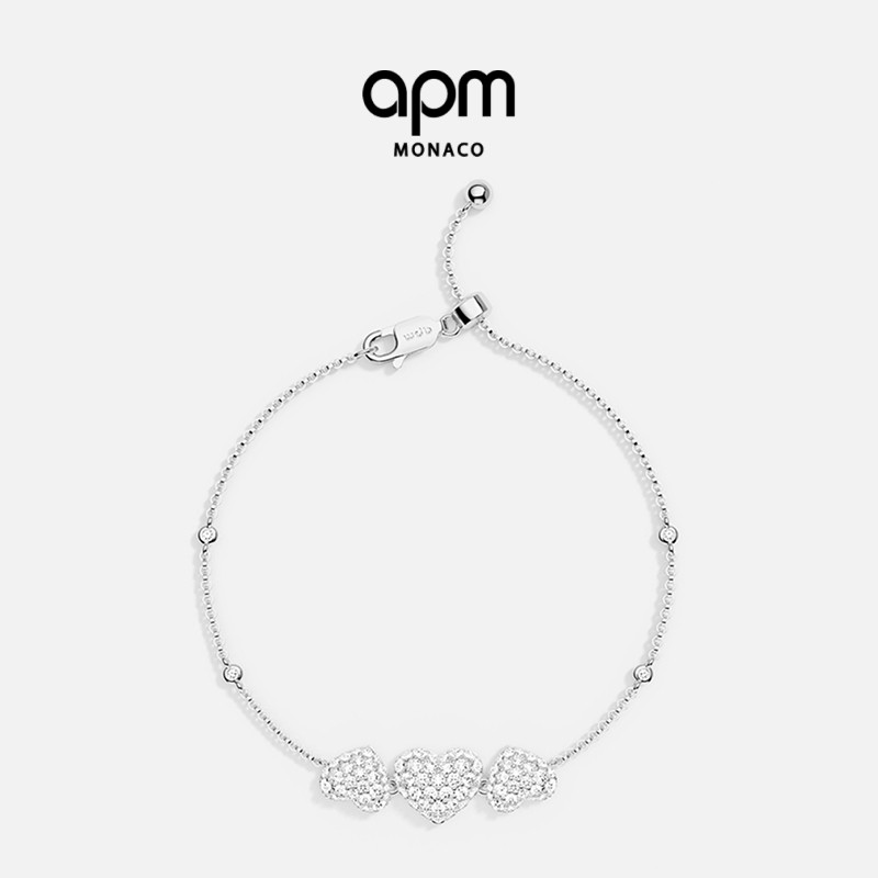 [新品]APM Monaco爱心可调节手链银白色密镶心形趣味手饰简约生日