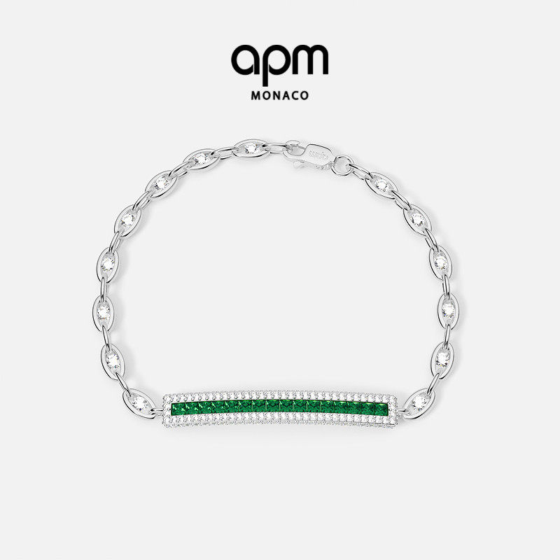APM Monaco绿色密镶链环手链牌状手饰撞色混搭独特设计生日