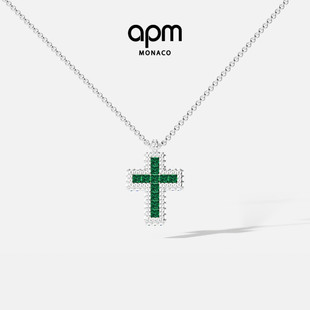 APM Monaco绿色密镶十字架可调节项链混搭毛衣链送人情人节礼物