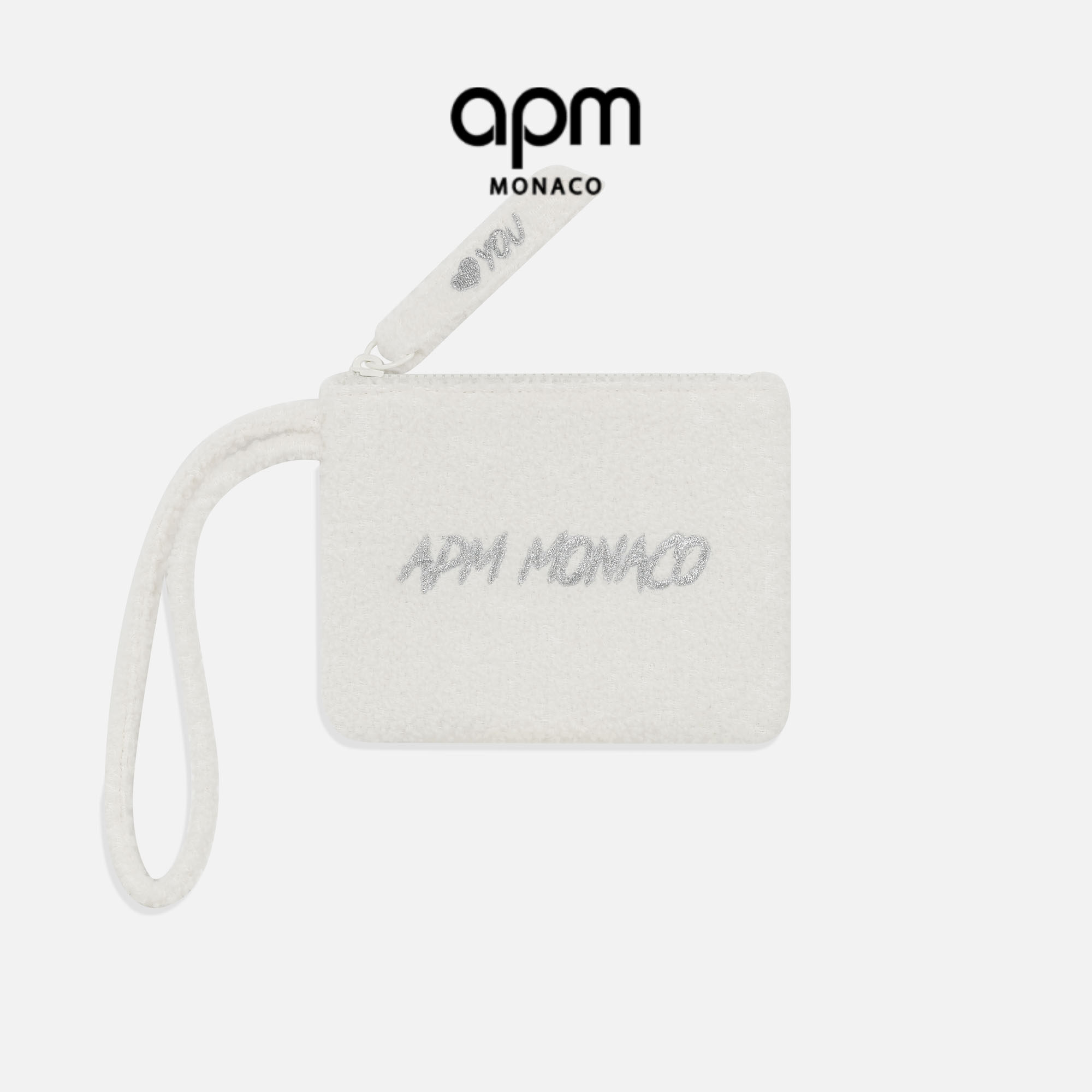 [杨紫同款]APM Monaco化妆包托特包雪白羊毛绒银刺绣别致收纳卡包