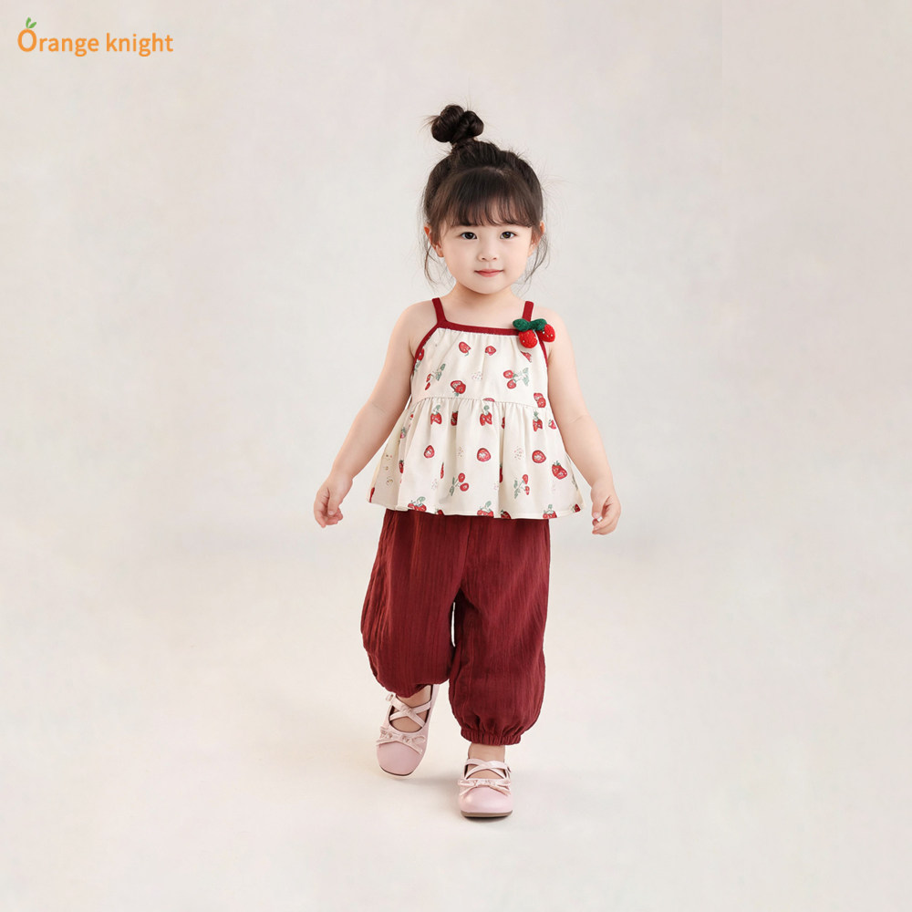 2026夏季款女童套装超萌草莓印花吊带长裤两件套宝宝可爱松紧裤装