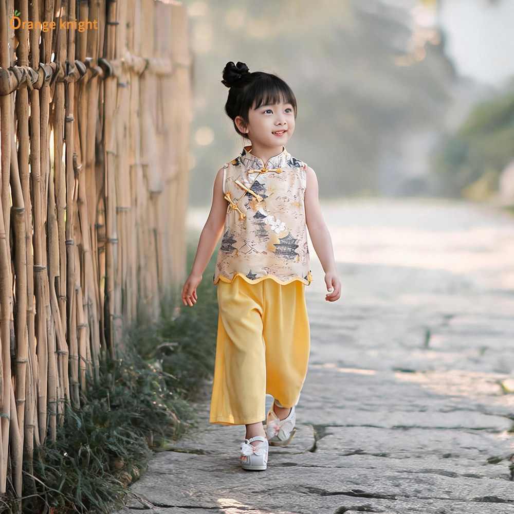 新中式夏季薄款女孩两件套中国风无袖盘扣设计上衣阔腿裤汉服套装