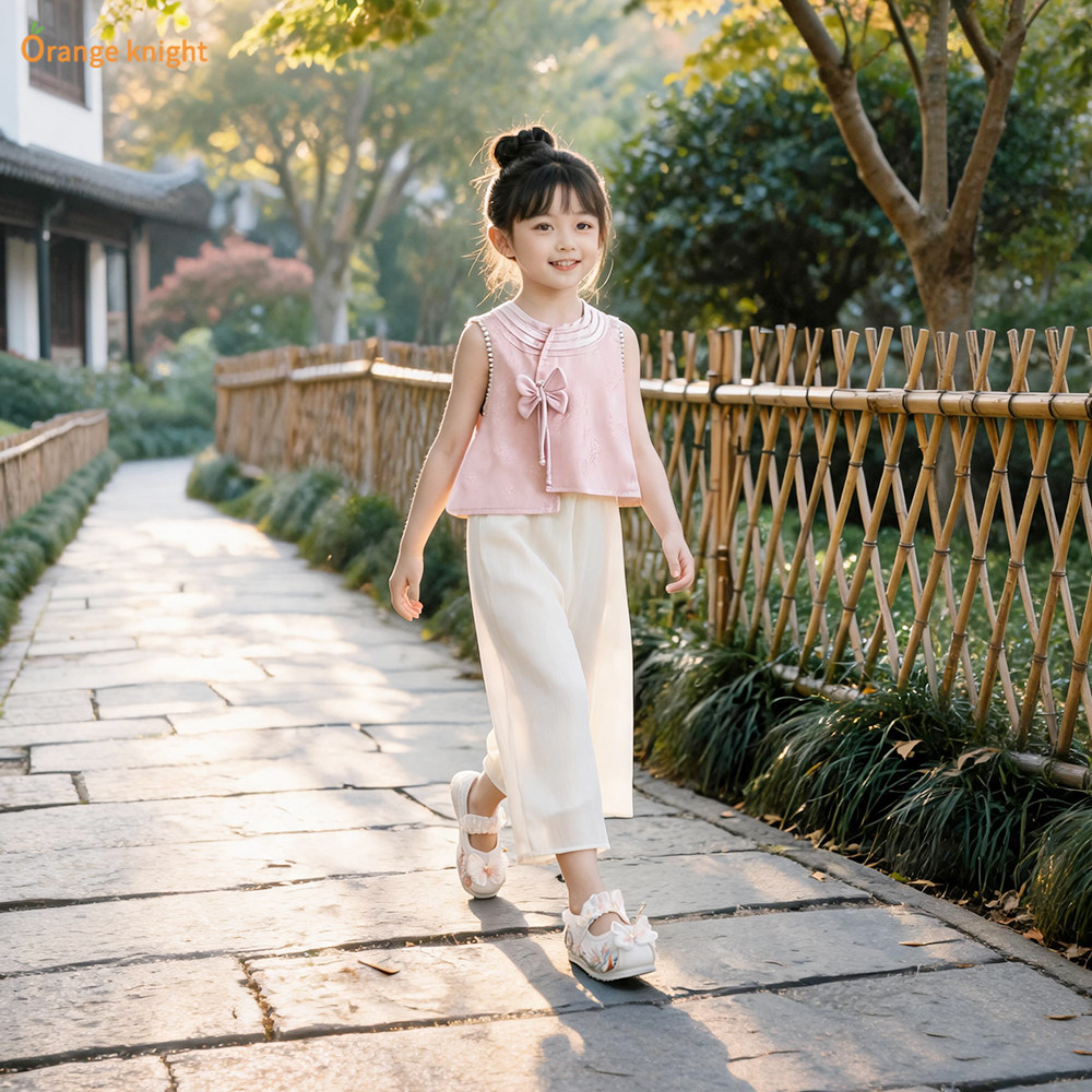女童新中式套装夏季2026新款甜美旗袍式无袖蝴蝶结上衣国风两件套