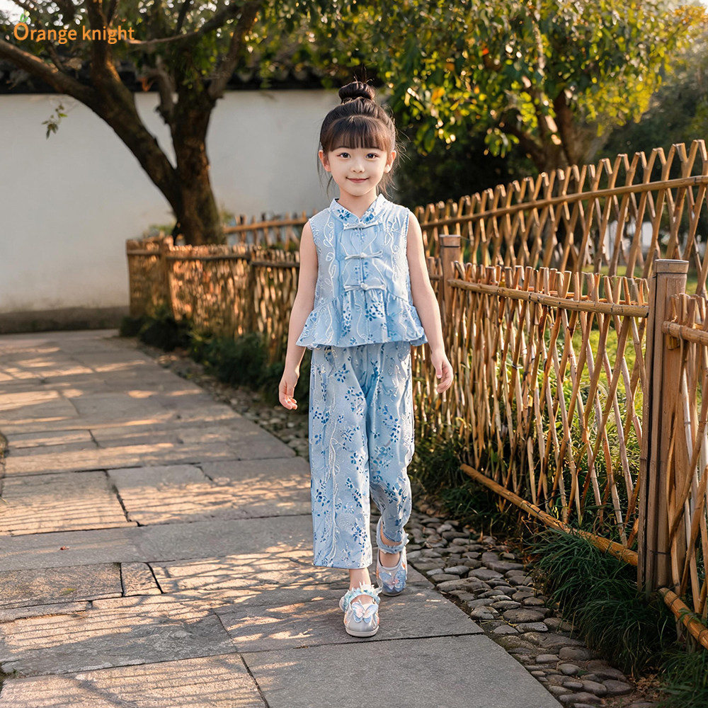 小女孩碎花中国风套装夏季2026新款儿童新中式盘扣设计汉服两件套