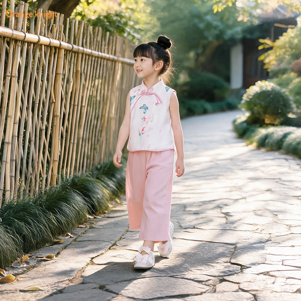 女孩中国风夏季新款两件套儿童薄款中式盘扣设计复古旗袍汉服套装