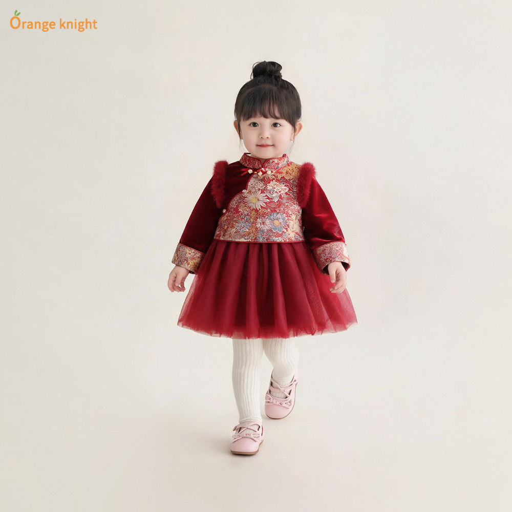女童洋气国风小女孩加绒生日拜年礼服裙冬季新款童装女宝宝连衣裙