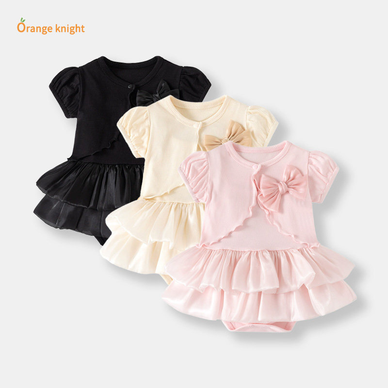 婴儿衣服夏季套装新生儿连衣裙周岁宝宝抓周礼服开衫吊带裙两件套