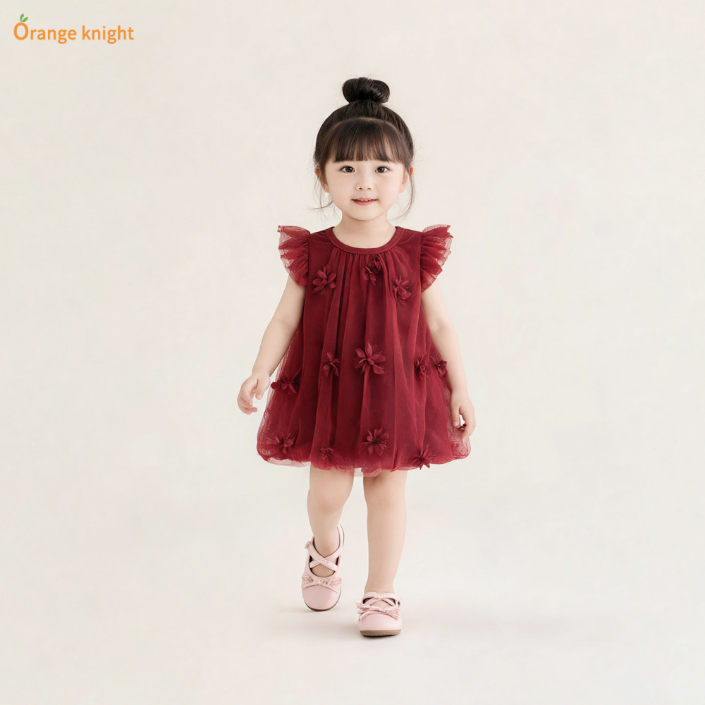 周岁女宝连衣裙无袖可爱抓周礼服网纱立体花朵蓬蓬公主裙女童衣服
