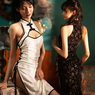 高档立领盘口复古绑带睡裙大码女性感睡衣裙旗袍服装套装衣服制服