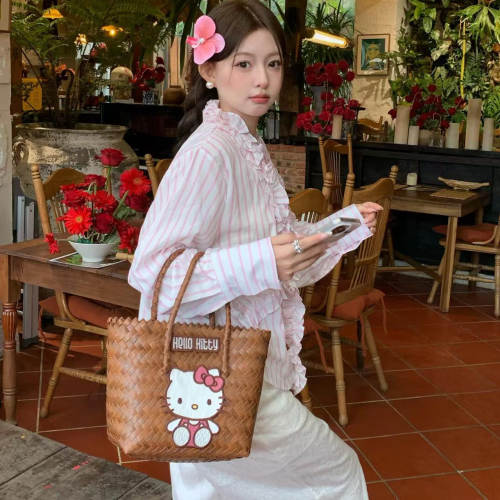 夏天hellokitty编织包可爱少女手提草编包度假风菜篮子包包沙滩包