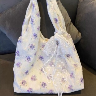 法式 夏天ins休闲托特包手提单肩包 小清新紫花帆布背心包2026新款