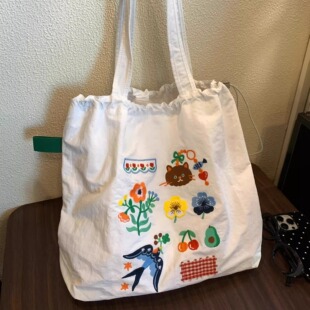 小清新绝美植物刺绣抽绳托特包2026新款大容量通勤购物布袋单肩包