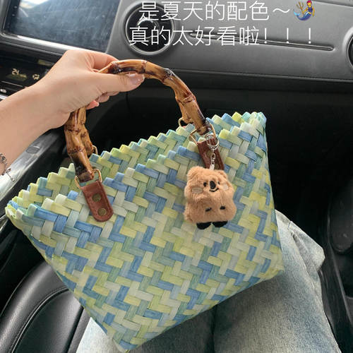 夏天仿藤编竹节手提包女法式手工编织包高级感度假风草编菜篮子包