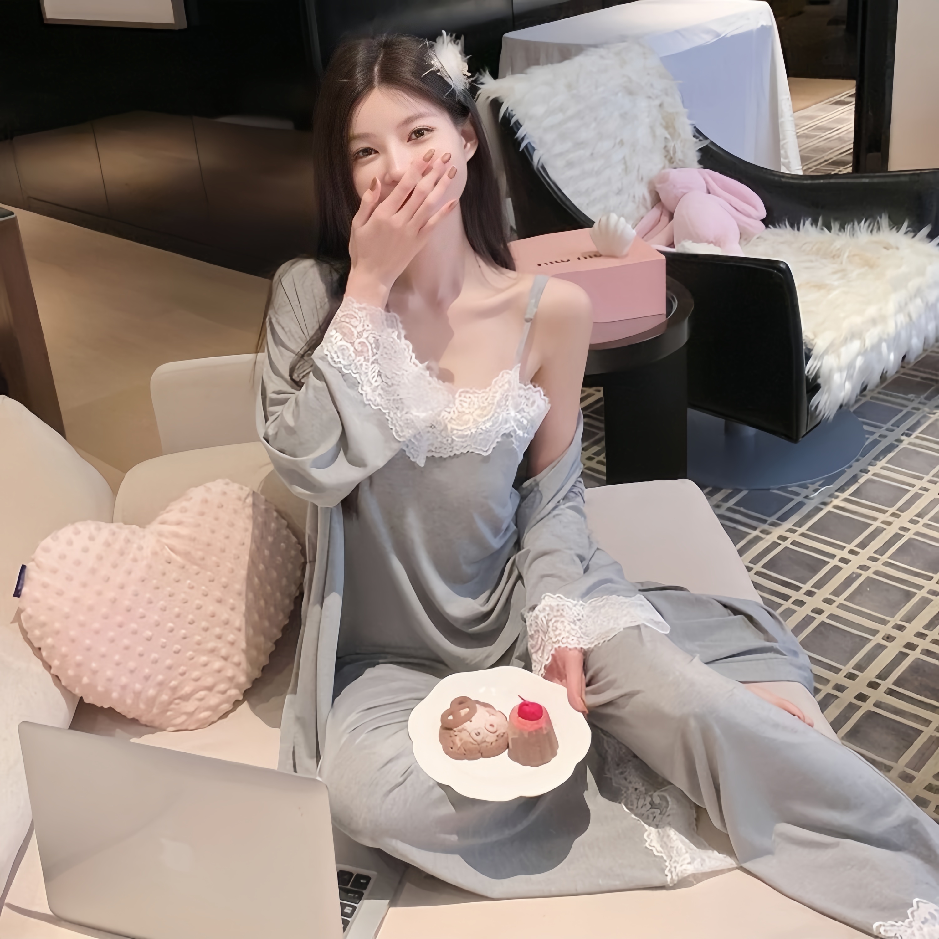睡衣女莫代尔棉蕾丝纯欲性感