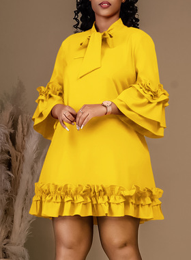 3XL plus-size African Red women's ruffled dress荷叶边连衣裙