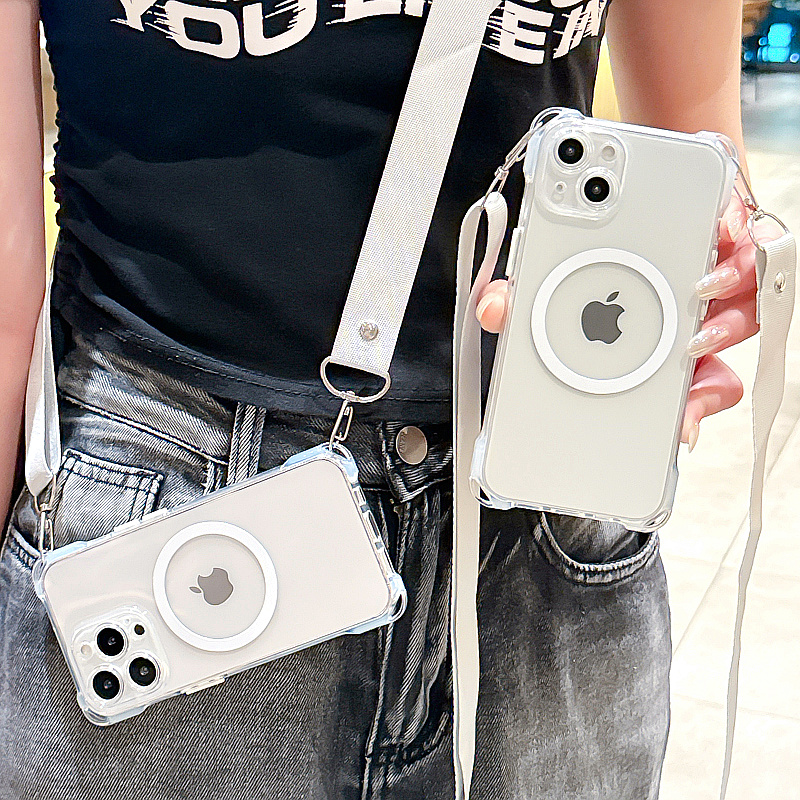 斜挎防摔透明磁吸手机壳带挂绳