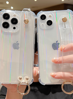适用苹果16promax手机壳iPhone17/15/14/13/12/11透明腕带15pro气囊防摔17p女款14pro保护套13pm镭射手腕支架