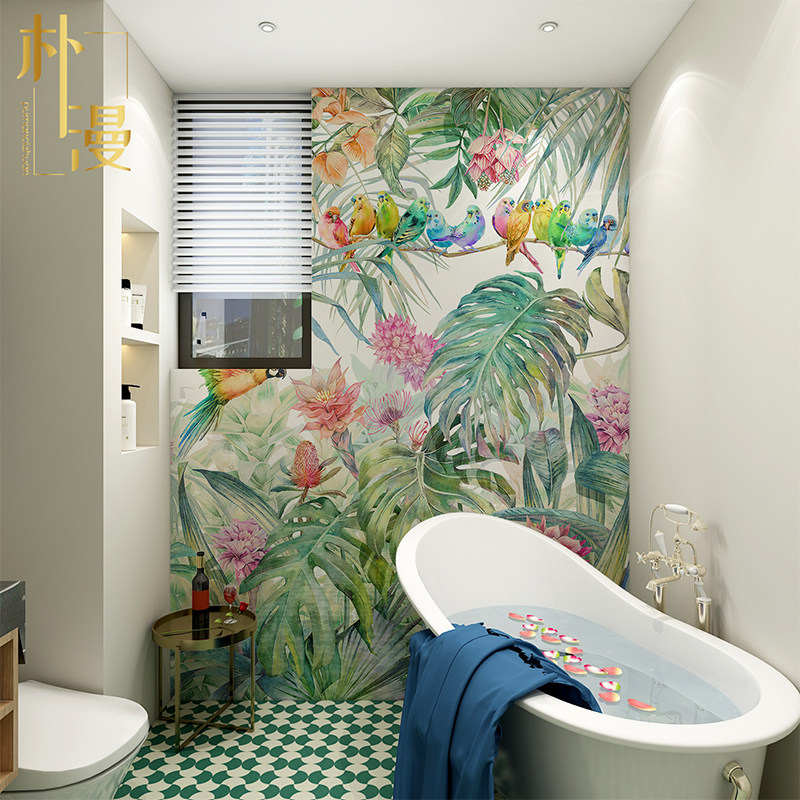 北欧花鸟植物卫生间瓷砖图案热带雨林浴室墙砖艺术餐厅岩板背景墙