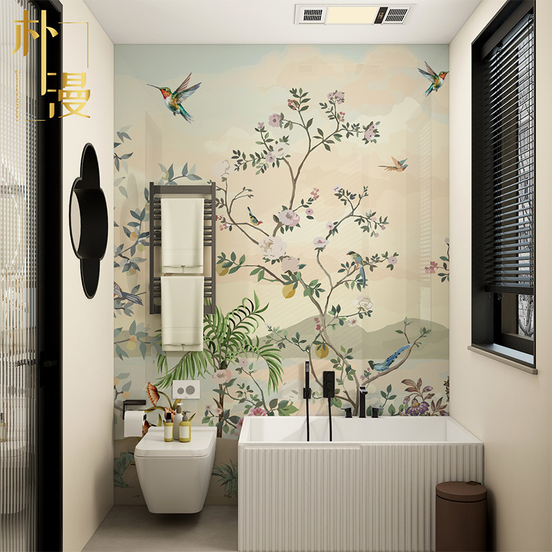 美式田园花鸟卫生间瓷砖图案复古浴室墙砖民宿玄关艺术岩板背景墙