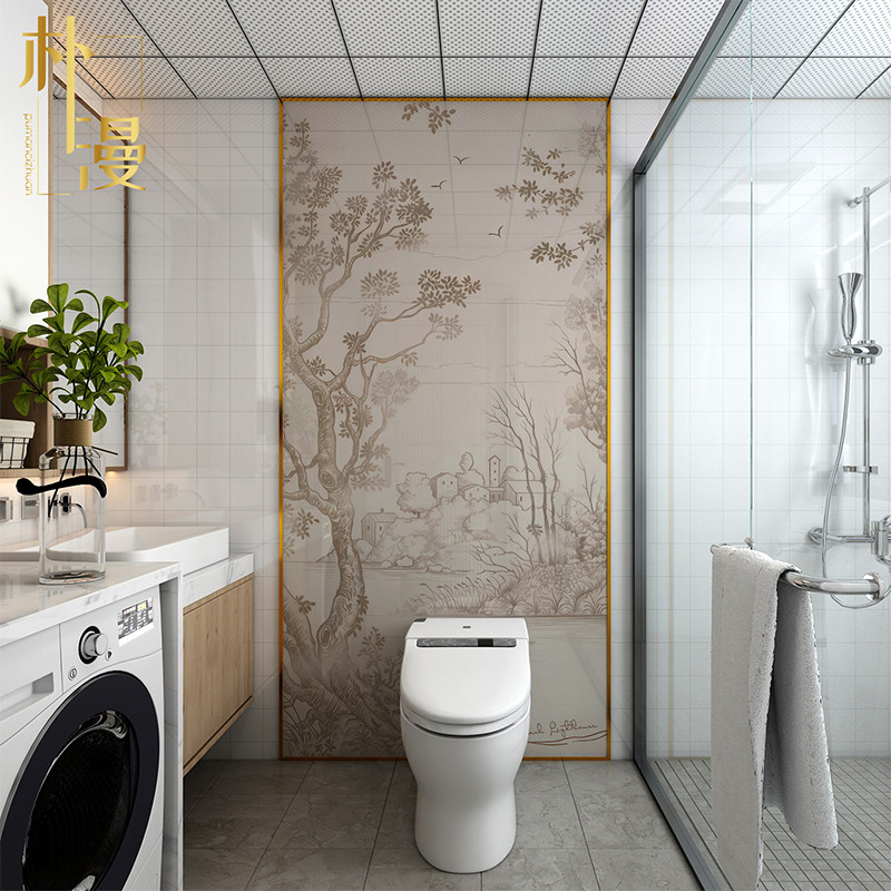 法式中古风浴室墙砖壁画复古卫生间瓷砖图案玄关岩板背景墙山水画