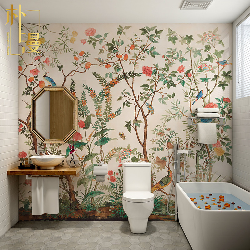 中古风花鸟卫生间瓷砖背景民宿餐厅复古艺术墙砖玄关岩板小鸟图案