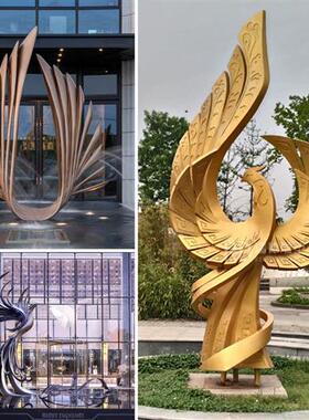 不锈钢凤凰雕塑定制大型广场景观创意孔雀烤漆动物羽翼金属摆件