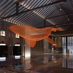 定制大型不锈钢镂空海洋动物鲸鱼雕塑酒店悬挂海豚铁艺装 饰摆件