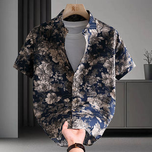 男痞帅花纹沙滩休闲薄夏季 衬衫 衬衣潮流发型师 短袖 纯棉小碎花个性