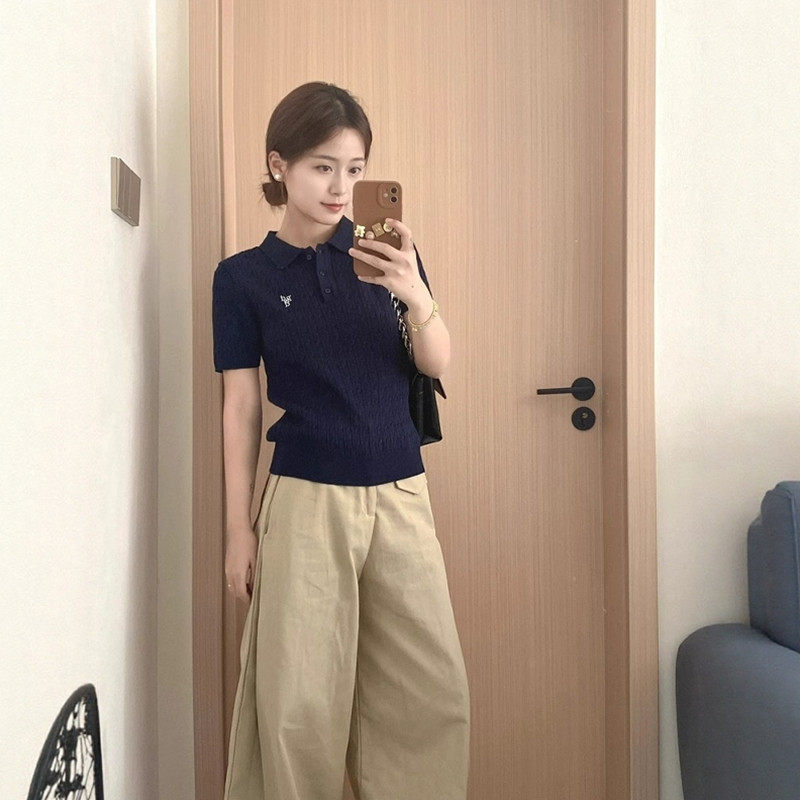 藏青色polo领正肩冰丝针织短袖t恤女夏季超好看麻花刺绣翻领上衣