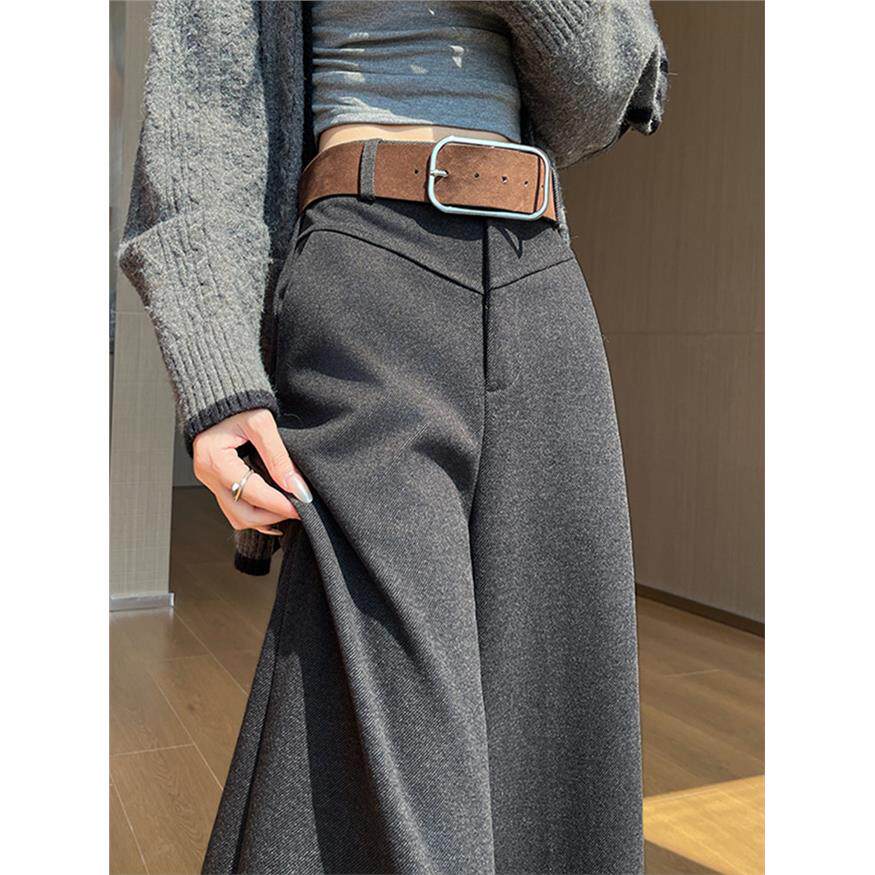 灰色斜纹毛呢阔腿裤女秋季小个子高腰窄版西装裤配腰带直筒弯刀裤
