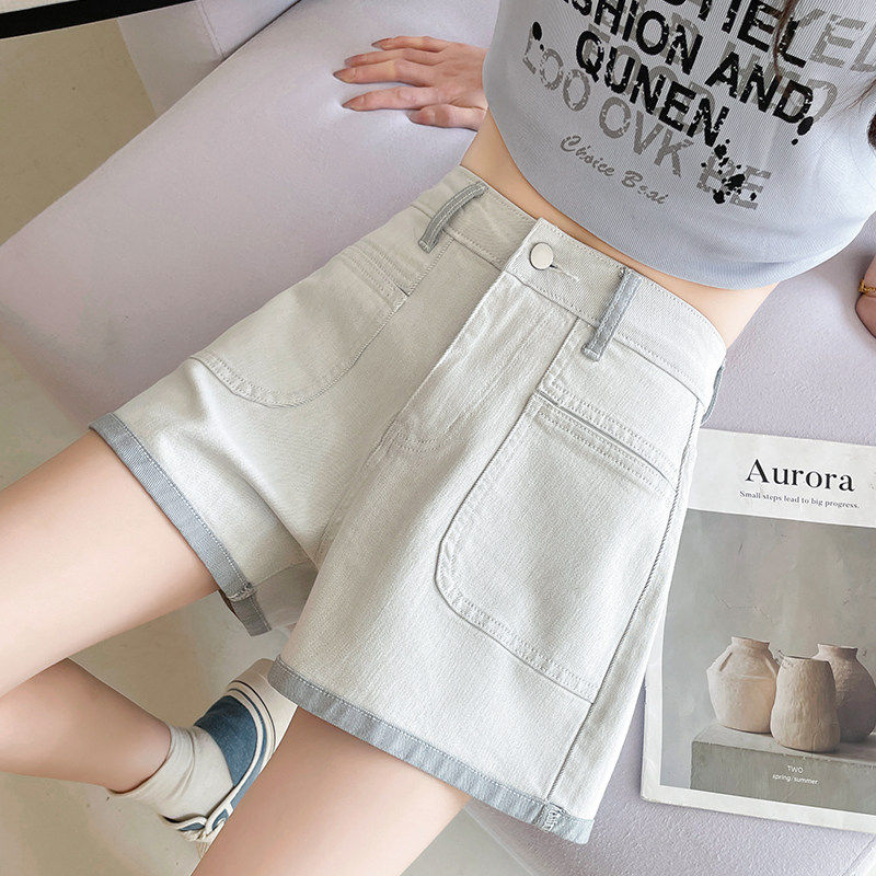 米灰色撞色拼接牛仔短裤女2026夏季薄款遮胯显瘦小个子辣妹热裤子