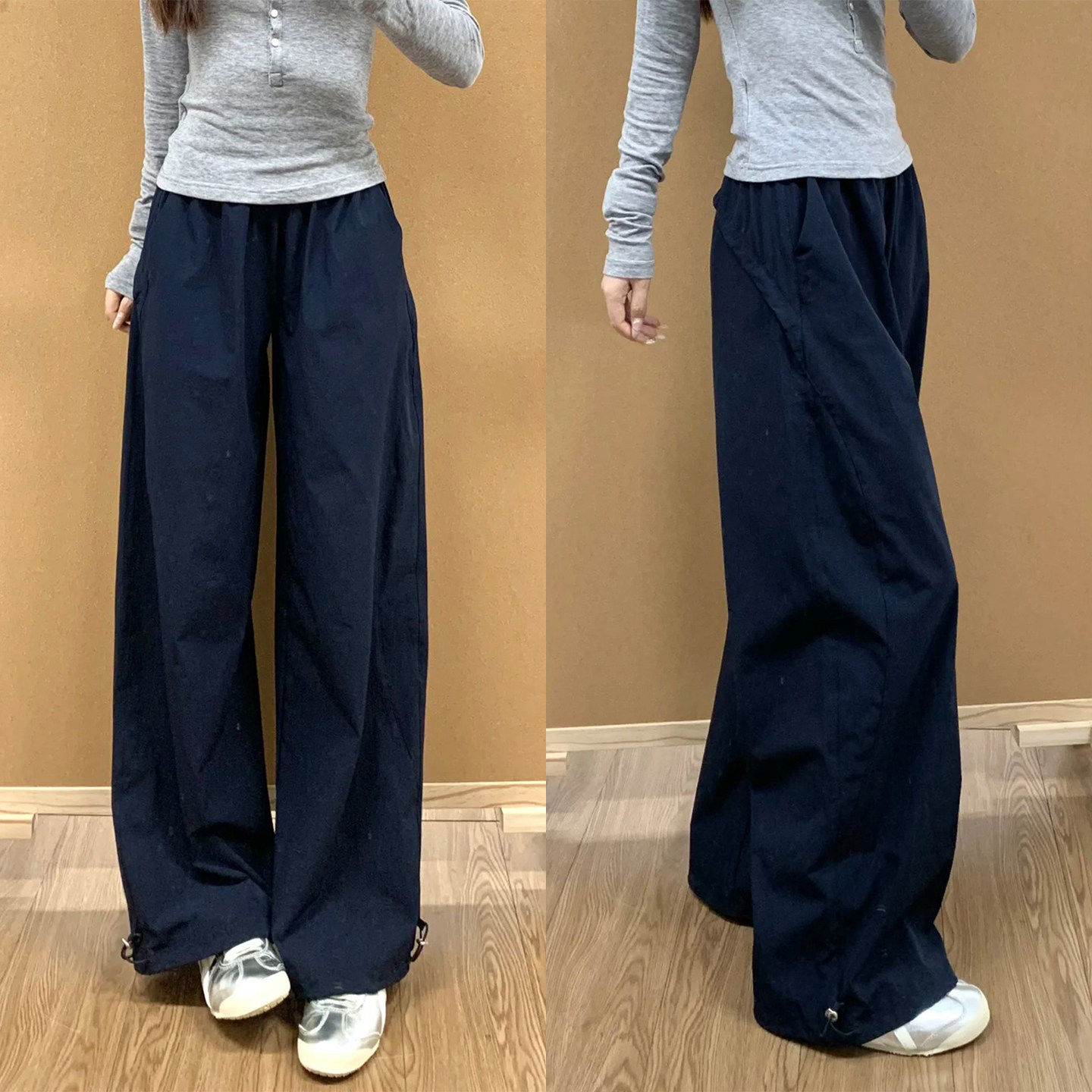 速干运动裤藏青色裤子女款宽松bf慵懒风阔腿工装裤大码胖mm休闲裤