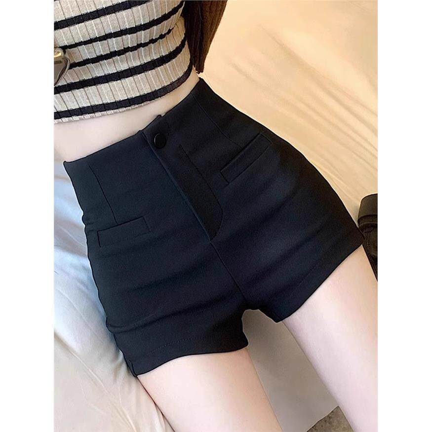 夏季高端黑色女士套装短裤，小个子新款式，高腰短裤，修身外靴裤