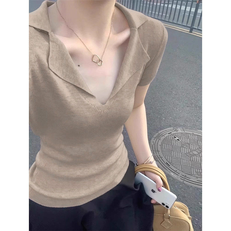 韩系温柔潜粉色短袖女V领T恤2025夏季正肩修身Polo翻领针织上衣薄