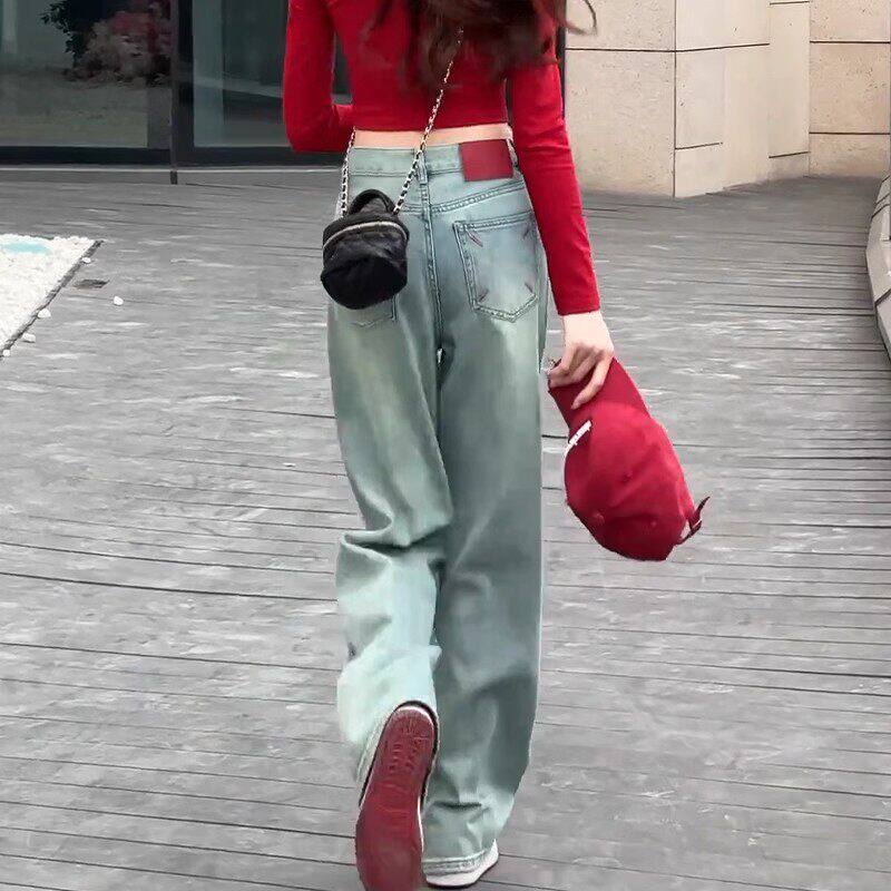 浅色阔腿牛仔裤女夏季薄款2025新款小个子高腰垂感窄版直筒拖地裤