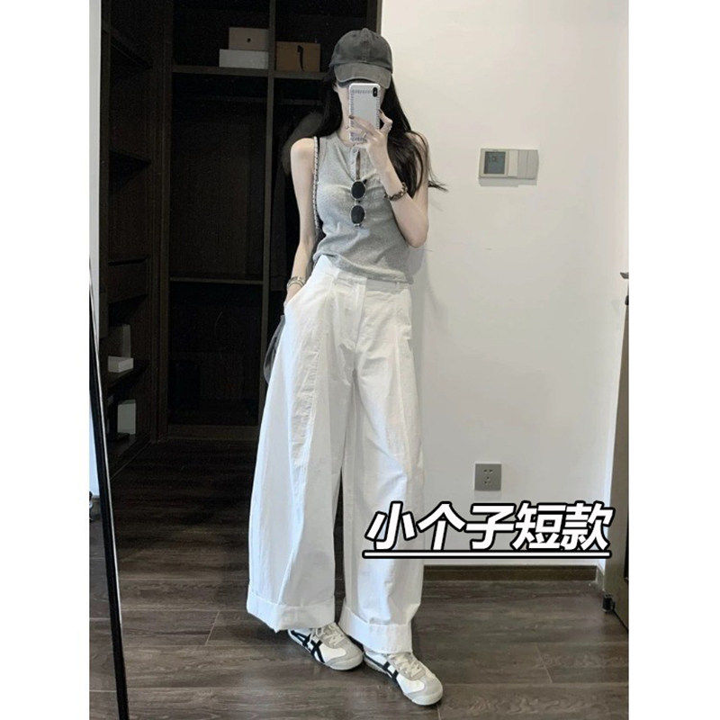 白色宽松卷边阔腿裤女夏新款小个子工装慵懒显瘦冰丝棉凉感休闲裤