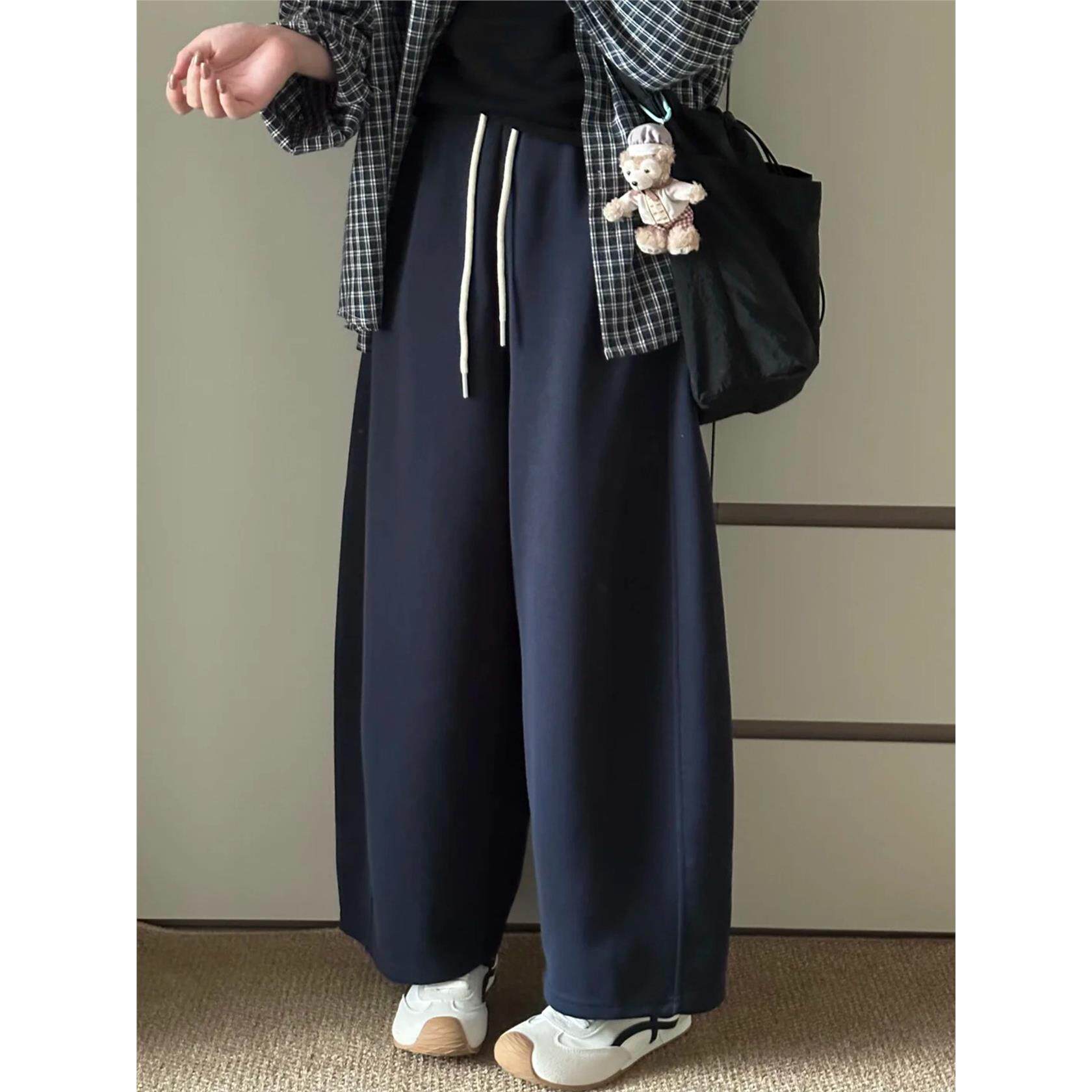 小个子裤子梨型身材粗腿宽胯九分弯刀阔腿裤女大码藏蓝色运动卫裤