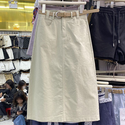 杏色大码牛仔半身裙女春