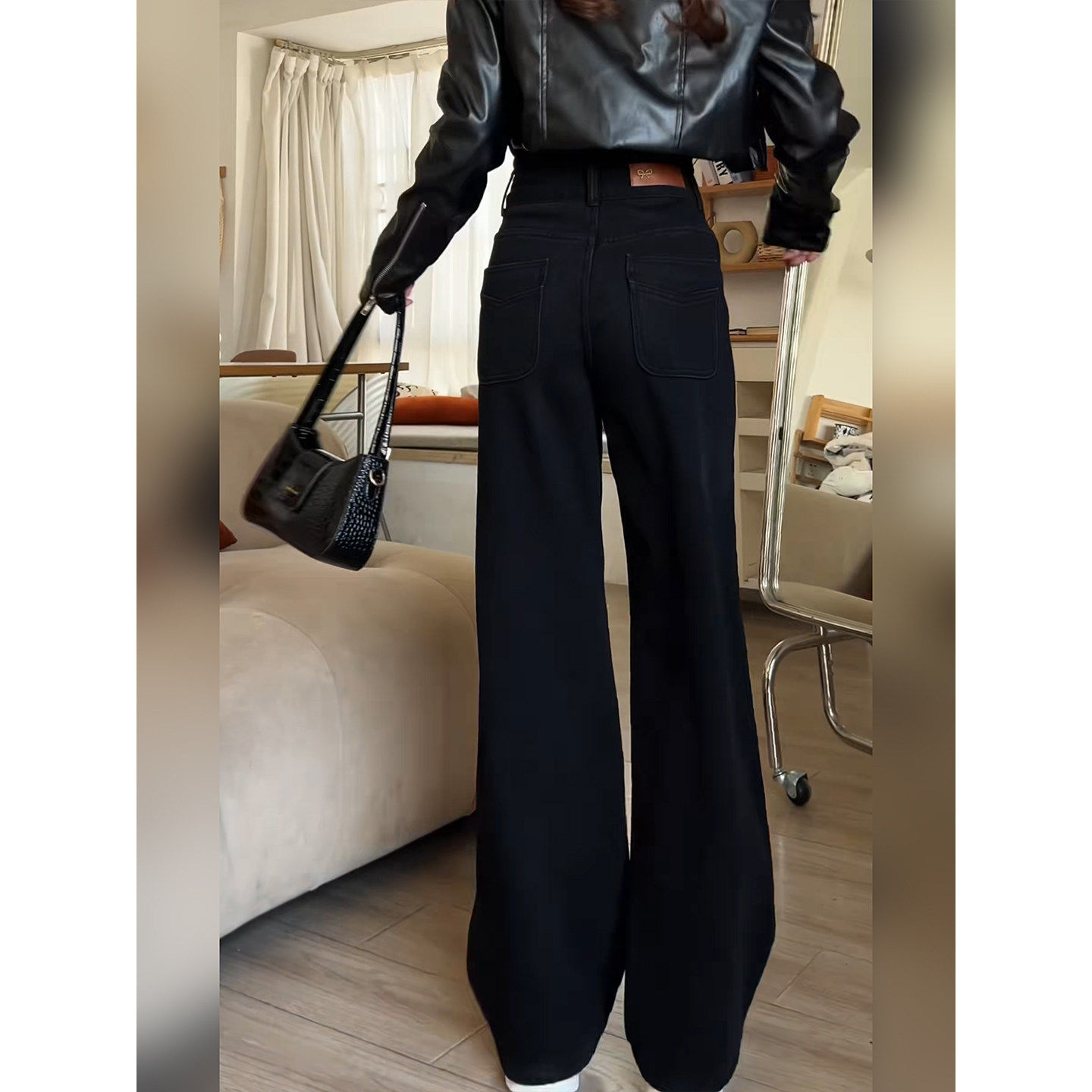 黑色高腰牛仔裤女2026春季新款大码梨型身材宽松显瘦微喇阔腿裤