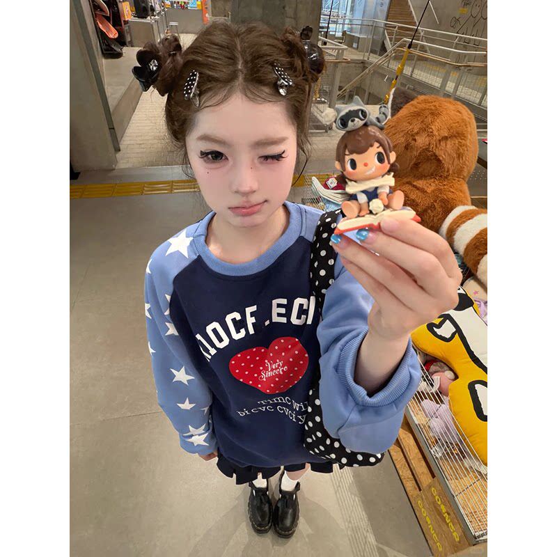 美式复古星星插肩撞色长袖卫衣女春季2026新款设计感小众宽松上衣