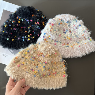 手工钩织毛线帽子女2025冬毛茸茸保暖显脸小筒子针织帽大檐夏季