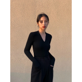 HU黑色长袖 t恤女春新款 修身 NEVA 显瘦百搭内搭纯色v领打底衫 上衣