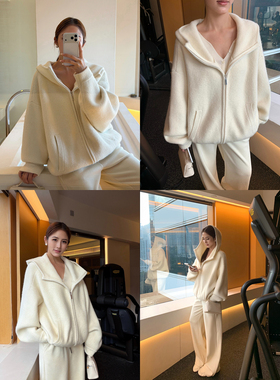 NEVA HU懒人挚爱 高级感灰色连帽卫衣外套女软糯双开拉链毛衣开衫