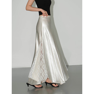 裙子 高级感缎面半身裙女设计感小众蕾丝拼接气质中长款 NEVA